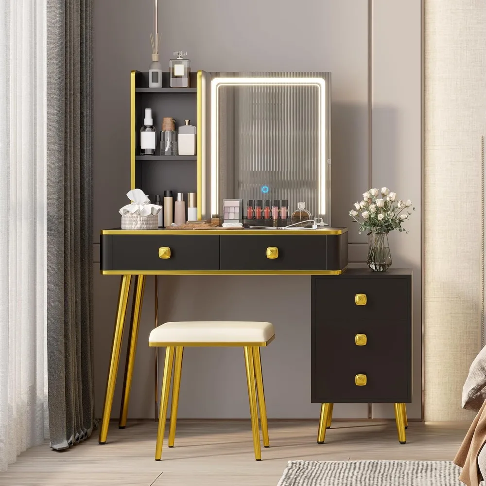 

Vanity Desk with Mirror and Lights, Makeup Vanity Table Set with 3-Color Lights & Charging Station, 5 Drawers, Shelves
