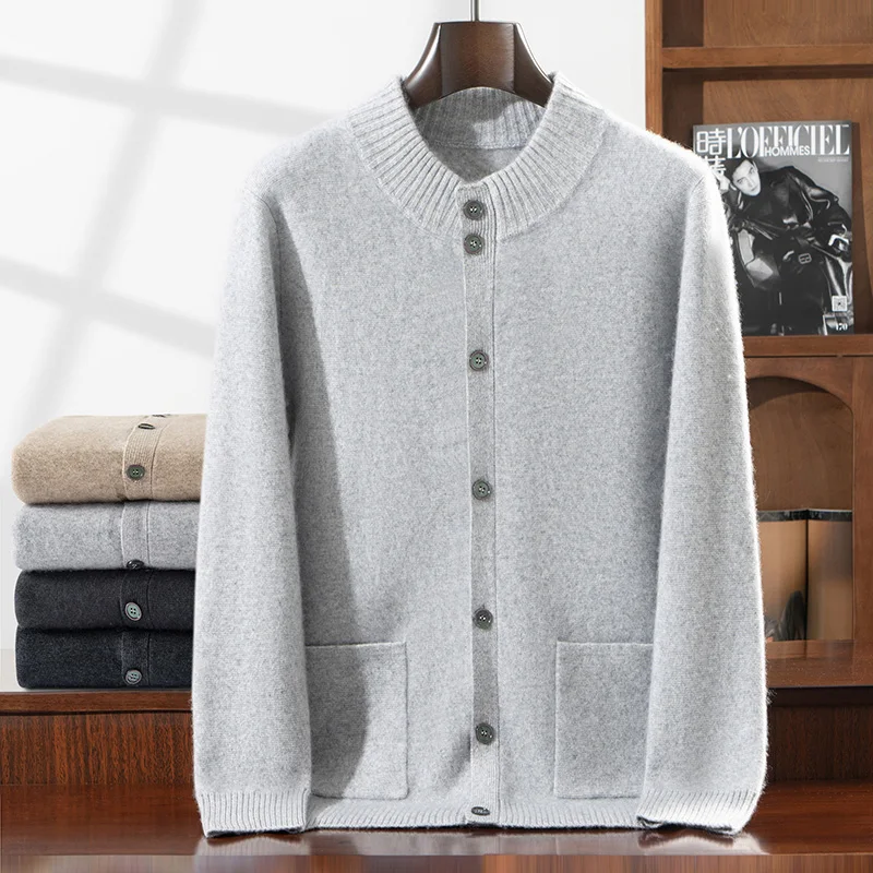 

Осень-зима, новый 100% кашемировый кардиган, свитер, полувысокий воротник, карман на пуговицах, свободная универсальная мужская однотонная вязаная куртка, высококачественная