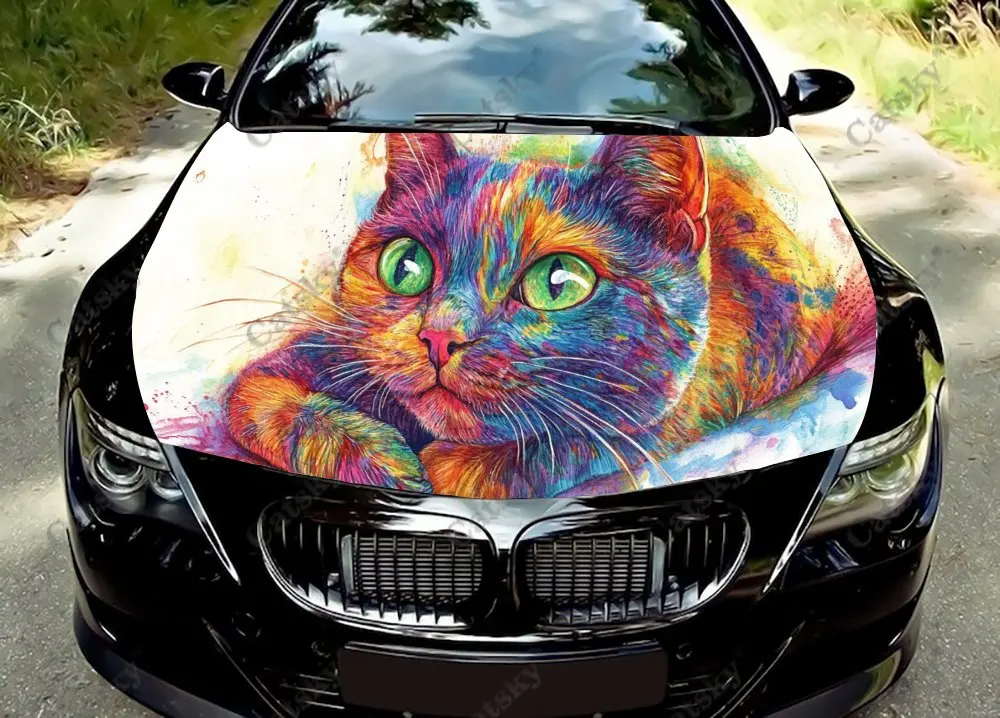 Rainbow Cat Animal Print Car Hood Wrap Color Vinyl Sticker Truck Graphic Bonnet Custom Auto Accessories Decoration Decal Gift