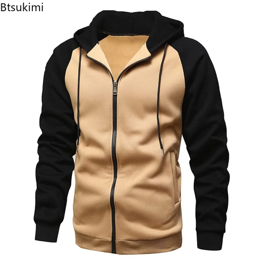 New 2025 Men's Casual Hooded Jackets Autumn Winter Fleece Zipper Hoodies Coats for Men Fashion Patchwork Sweatshirts with Pocket