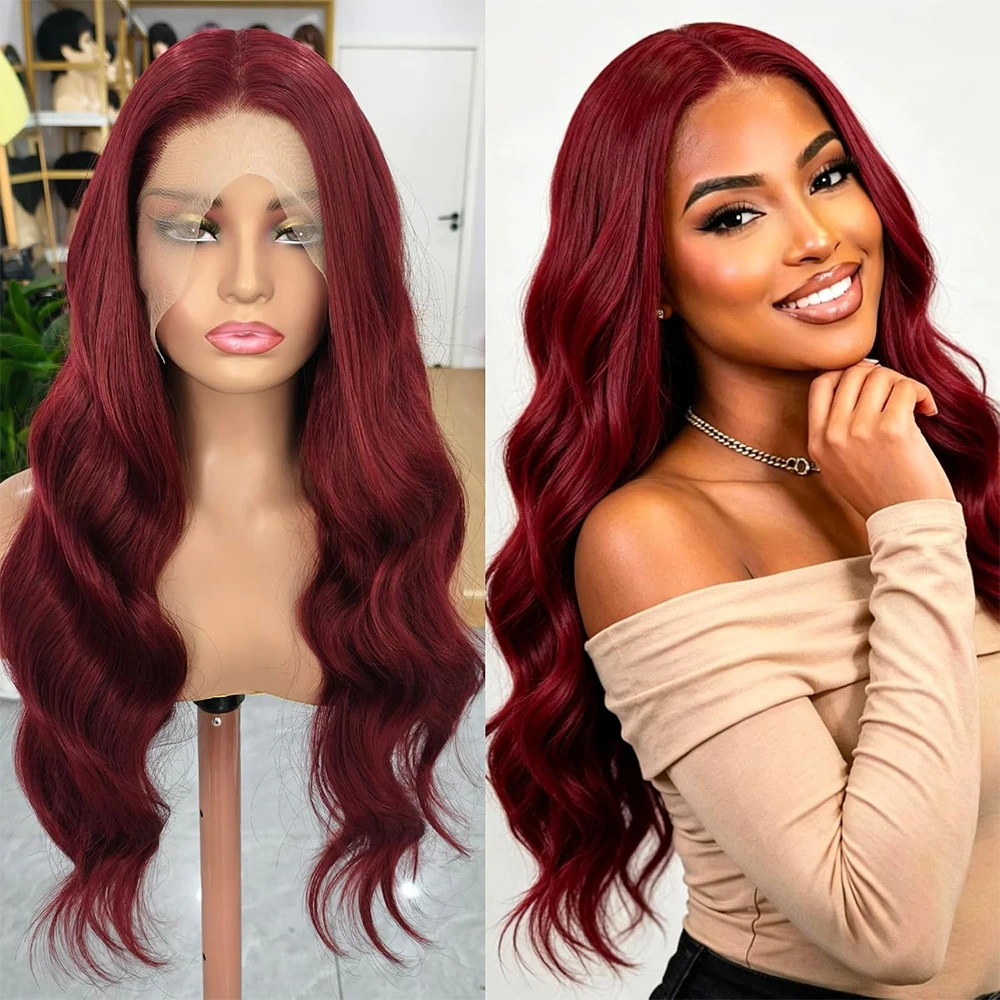 

Body Wave Wine Red Wig Burgundy Wig 13x4 HD Lace Front Human Hair Wigs On Clearance Sale Glueless Pre Plucked Natural Hairline with Baby Hair Wet And Wavy 34 inch 200 Density Wig for Women