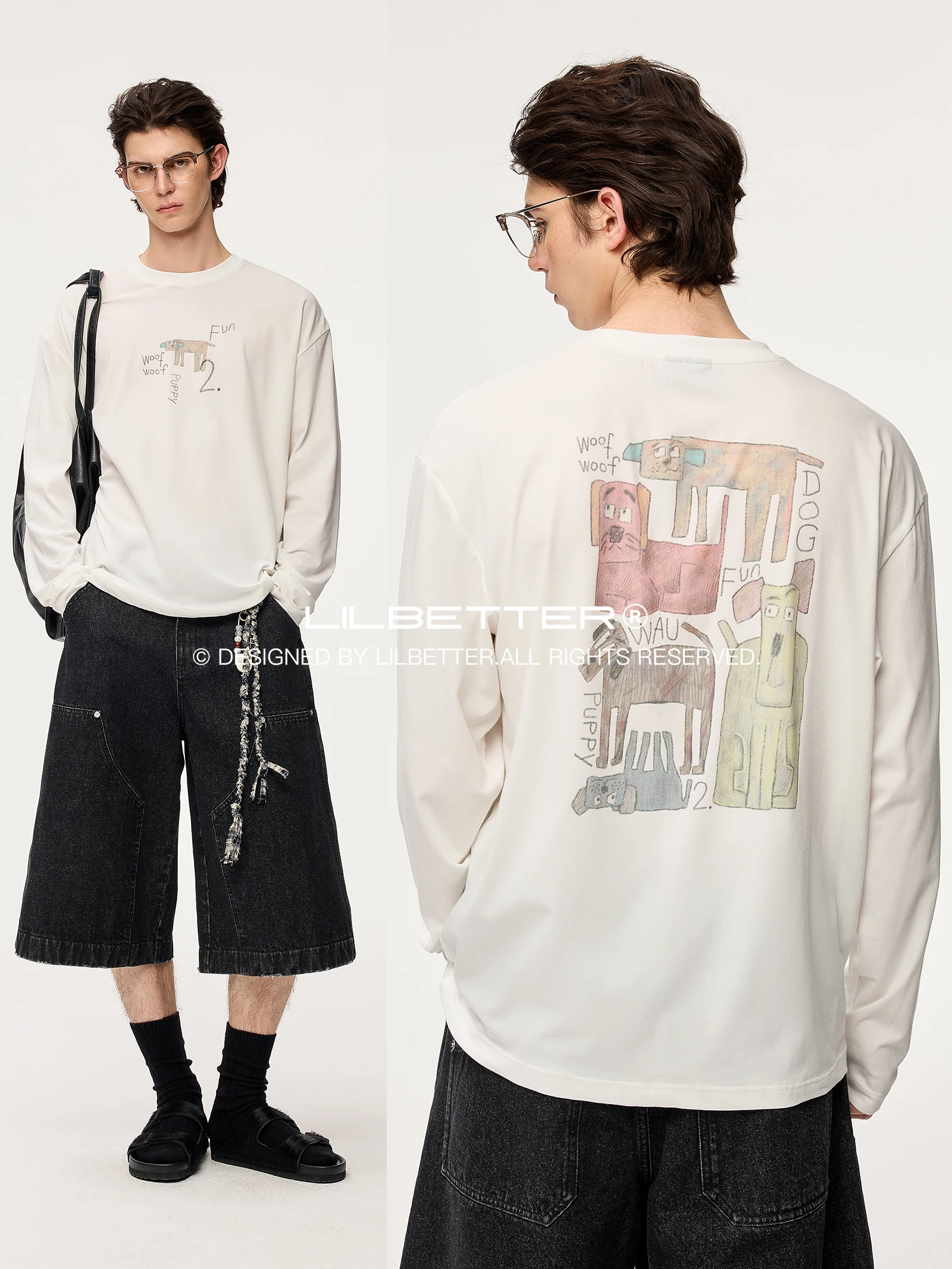 Lilbetter Original Block Dog Print Long Sleeve T-Shirt Breathable Lightweight Base Shirt Summer Fashion Urban Style Cotton Blend