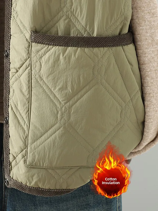 Kleur Blo Jaet Katoen gevoerd Casual rond Ne Enkele knop Grote maat Damesvest Bovenkleding Dubbel ket Herfst W...