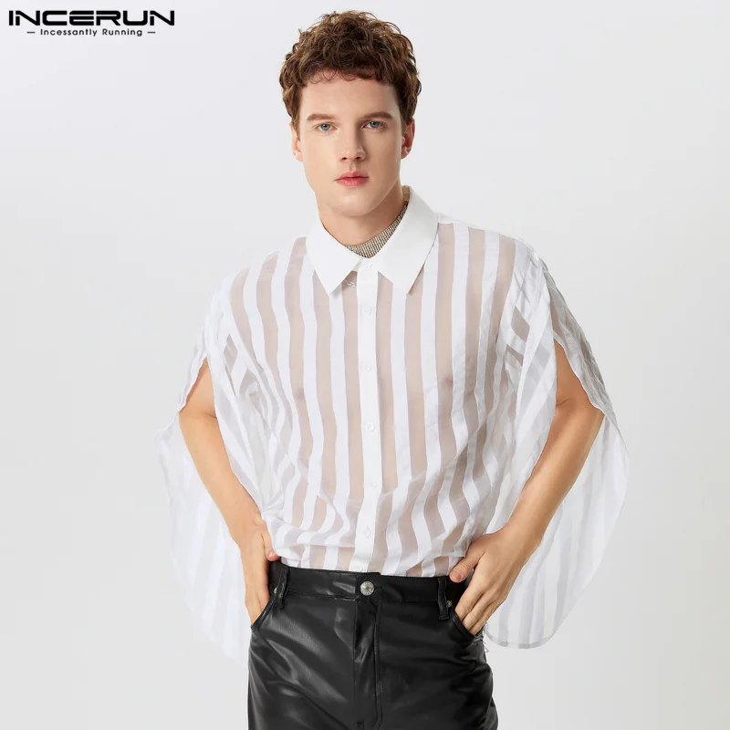 INCERUN Men Shirt Striped Patchwork Lapel Split Long Sleeve Casual Men Clothing Transparent Loose Streetwear 2024 Fashion Camisa