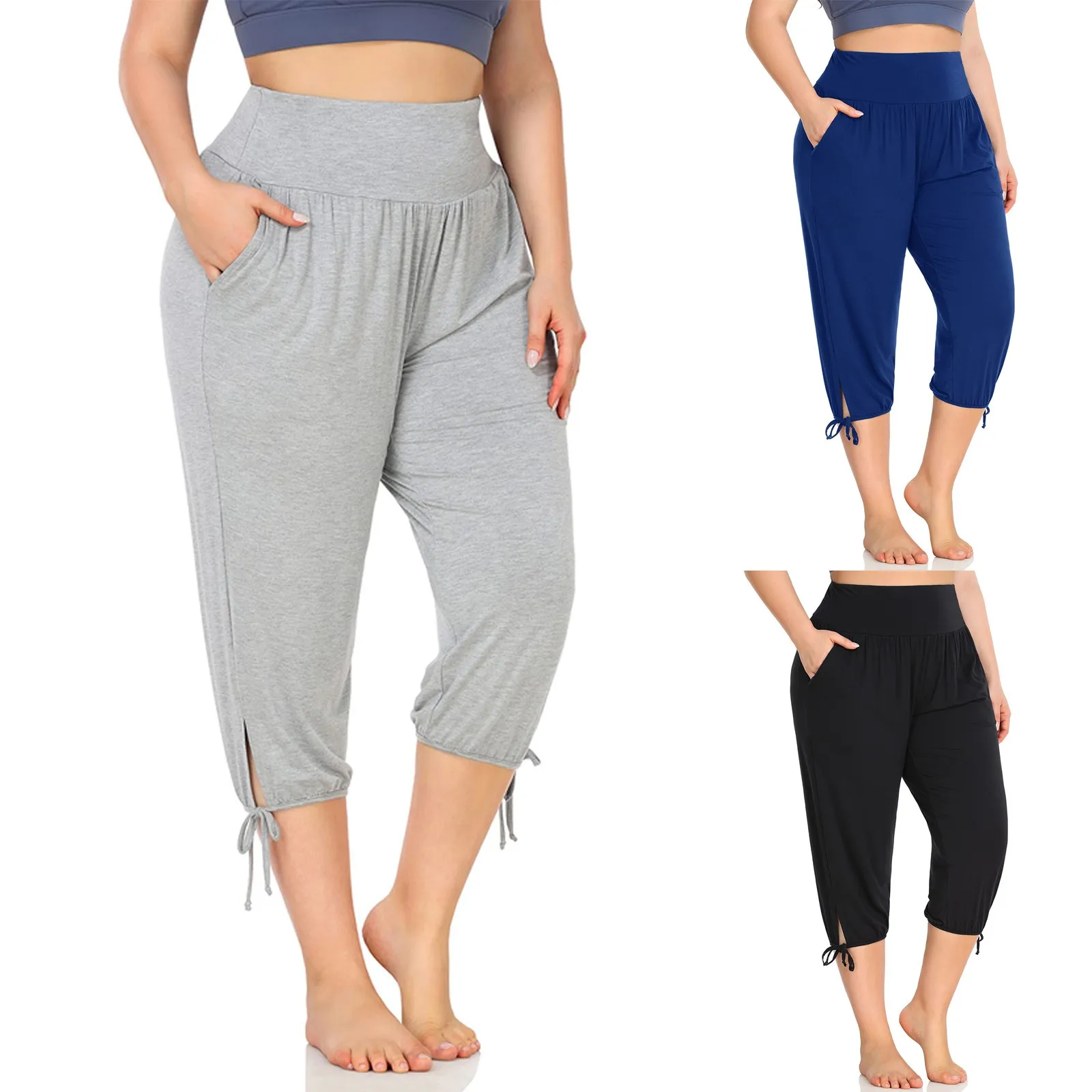 Damski Plus Size spodnie rybaczki do jogi kryty na co dzień wygodne zrelaksowane joggery z kieszeniami Fitness Slim spodnie Push Up 2024 nowe spodnie