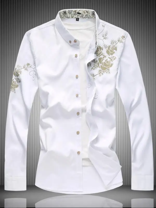 

Мужская приталенная рубашка с длинным рукавом и принтом, повседневная, весна-осень, новая модель, корейский стиль, белая, больших размеров, модная