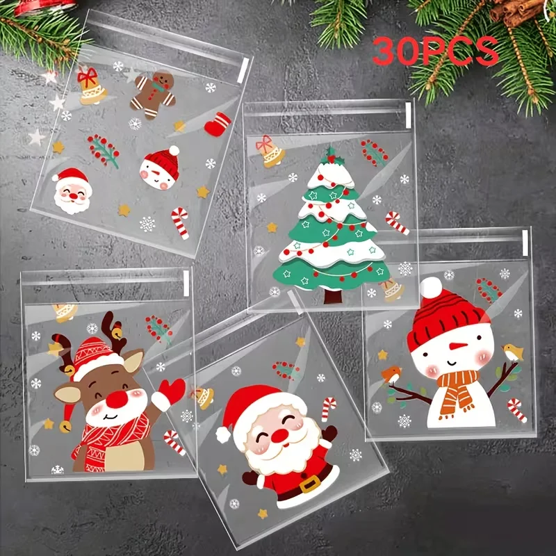 Christmas Cartoon Self-Adhesive Gift Bags Transparent 30/60 Pieces Santa Claus Snowman Theme Party Favor Bags