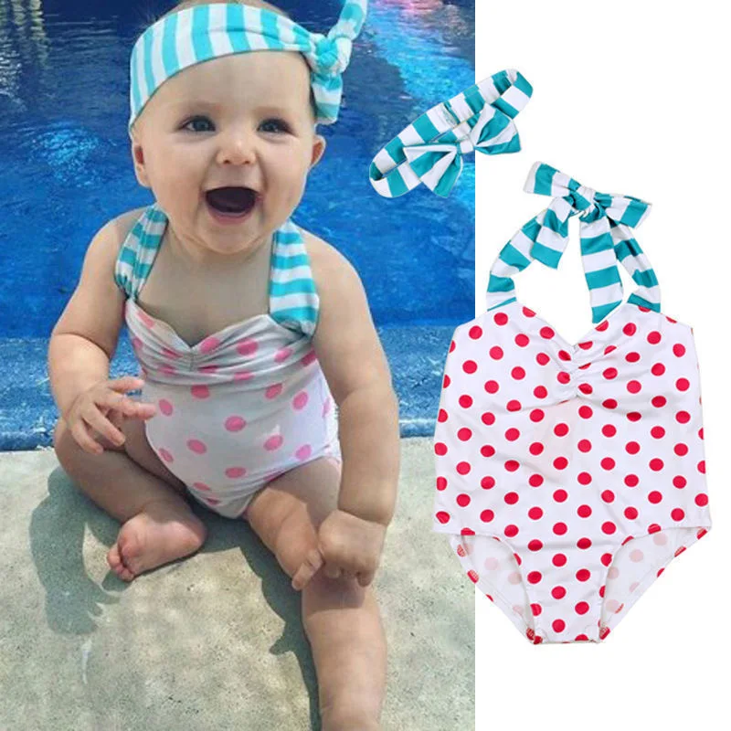 

1-2Y 2022 Summer Toddler Baby Girl Swimwear Cute Polka Dot Print Suspenders One Piece Swimsuit With Headband Bathing Suit