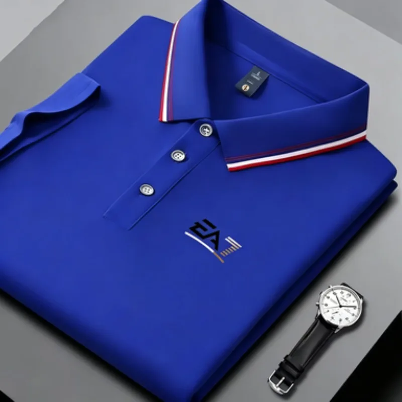 Men's summer trendy polo shirt, EA7 letter printed short sleeved striped collar, summer breathable casual business top image 5
