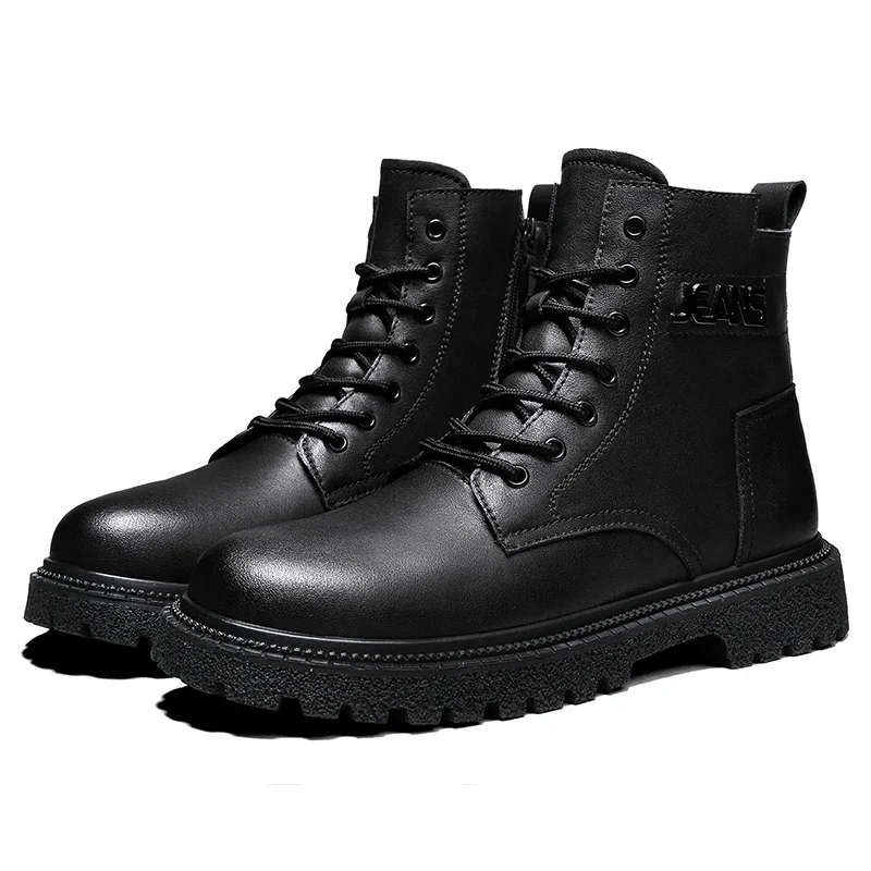 

Outdoor Leather Mens Slip on Boots Platform Shoes Luxury Brand Men Winter Plush Snow Boots Fashion All-match Men Motocross Boots