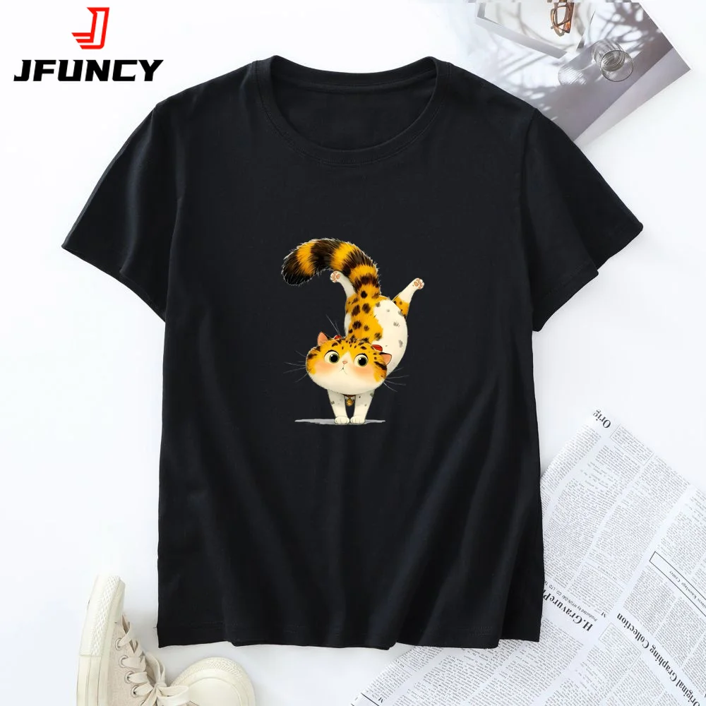 

Women T Shirt 100% Cotton Tees 2025 Summer Women's Top Multi-Color Fashion Cat Graphic Clothing Oversized Short Sleeve Tshirt