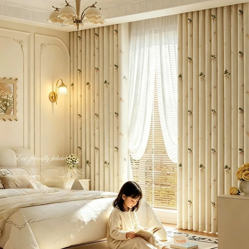 Pastoral Antique Style Small Cherry Chenille Blackout Curtains Custom Size Floating Window Drapes for Children's Room Bedroom