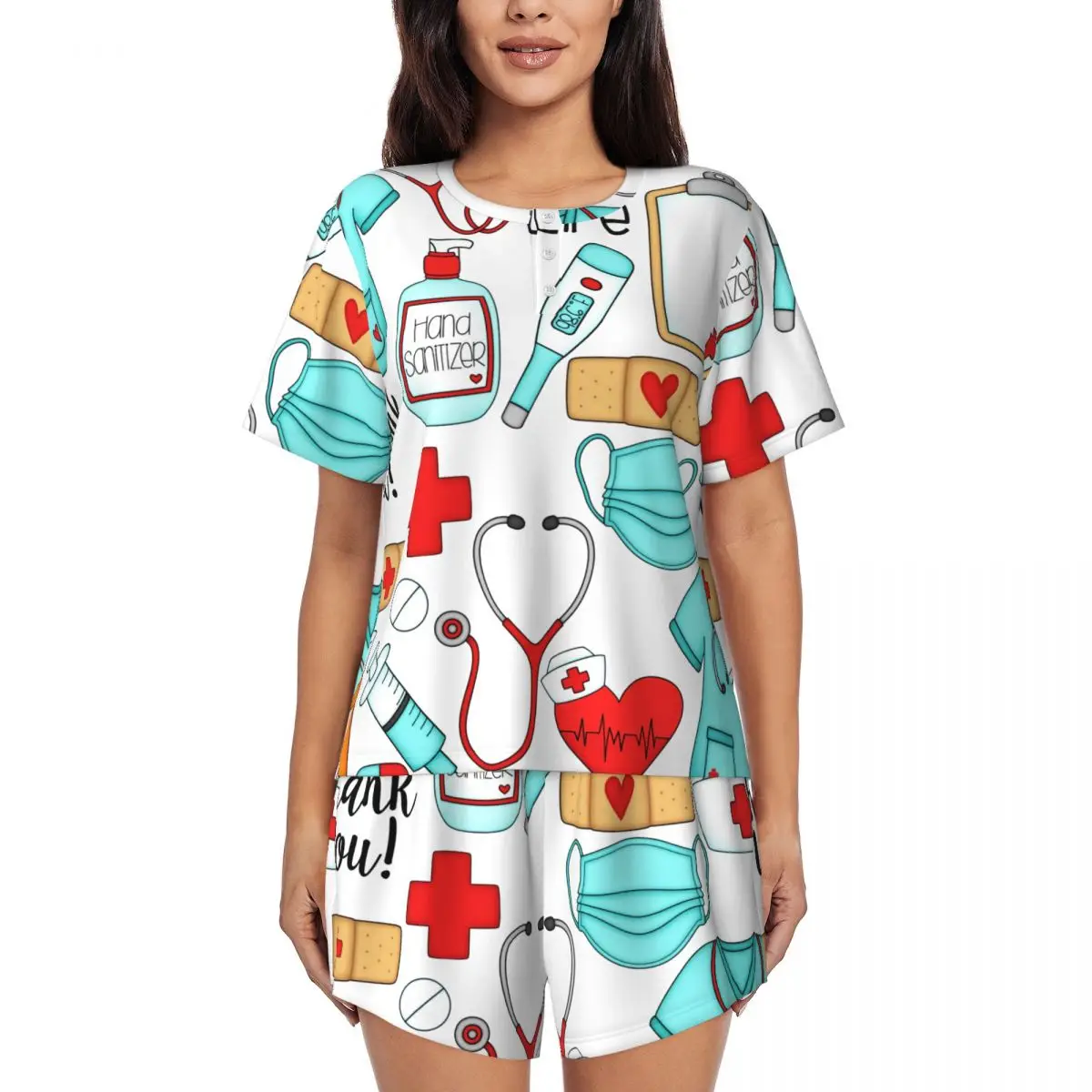 

Custom Cartoon Doctors Nurse Pajama Sets Women 2 Piece Nursing Medical Pattern Short Sleeve Pjs Shorts Sleepwear