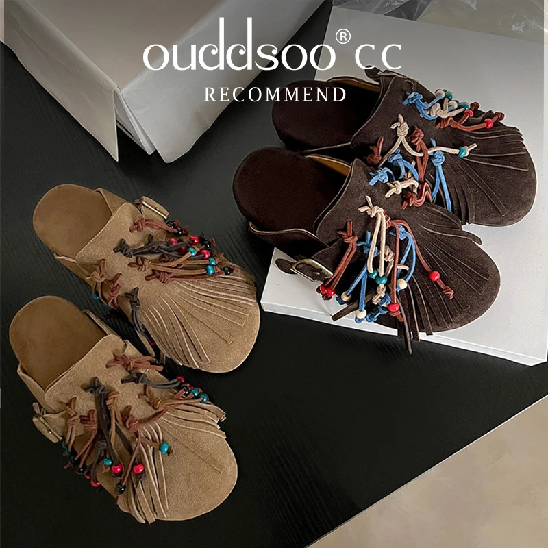 

Ods Suede String Bead Pumps Slippers Belt Buckle Fashion Elegant Concise Outdoor Slip-On Solid Color Round Toe Flat With Women