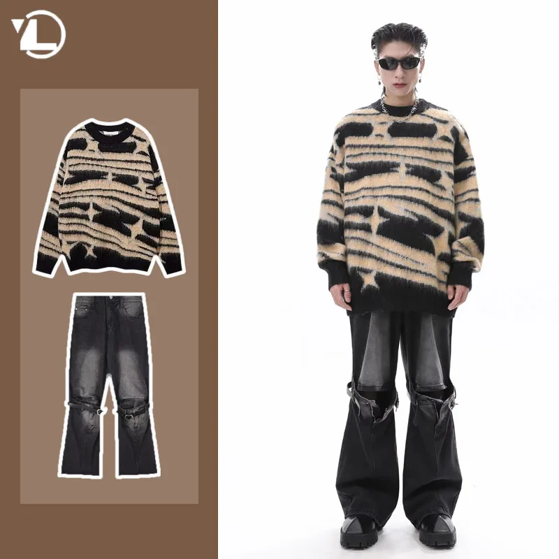 Conjunto de suéter Hip Hop japonês masculino, padrão zebra de contraste, malha com gola redonda, splicing distressed jeans, terno Harajuku solto, 2 peças