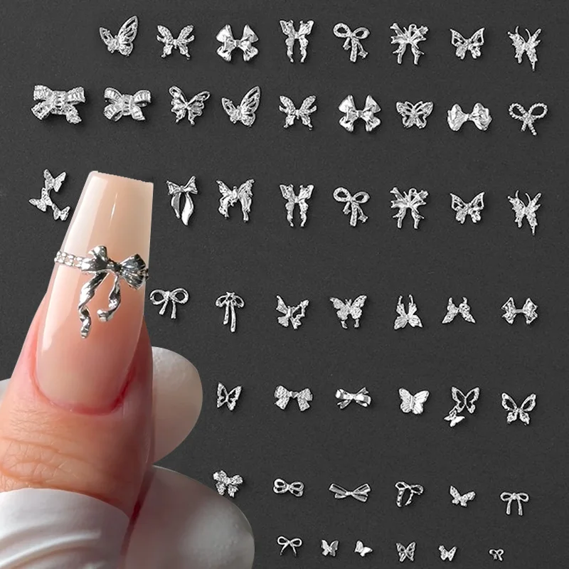 Mélange de breloques en métal pour Nail Art, 50 pièces, nœuds en alliage argenté, strass, décor de luxe, accessoires de manucure à faire soi-même