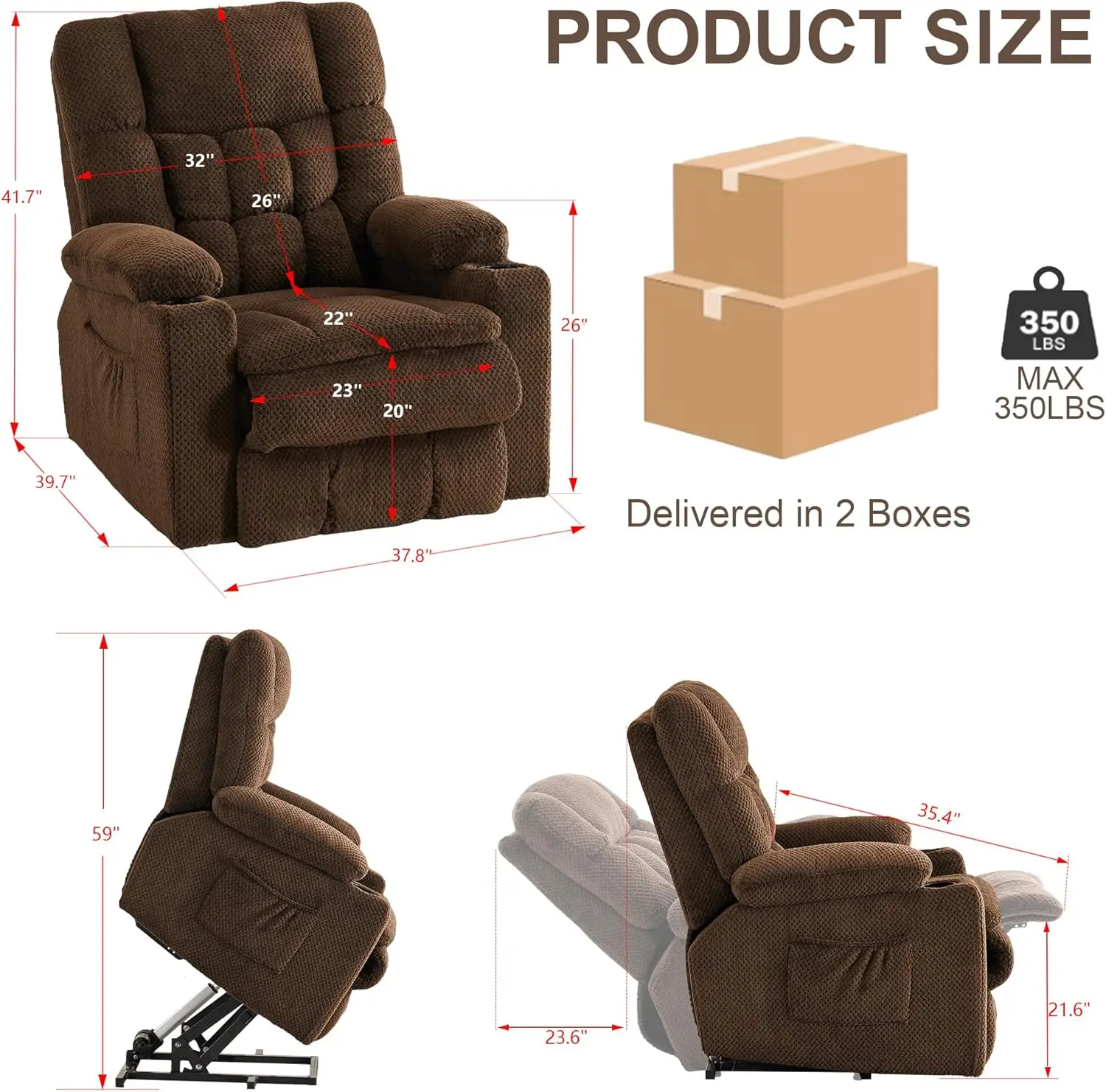 Recliner Chair Power Lift Chair for Elderly with Heating Ergonomic Lounge Chair with 2 Cup Holders Side Pockets Single Sofa