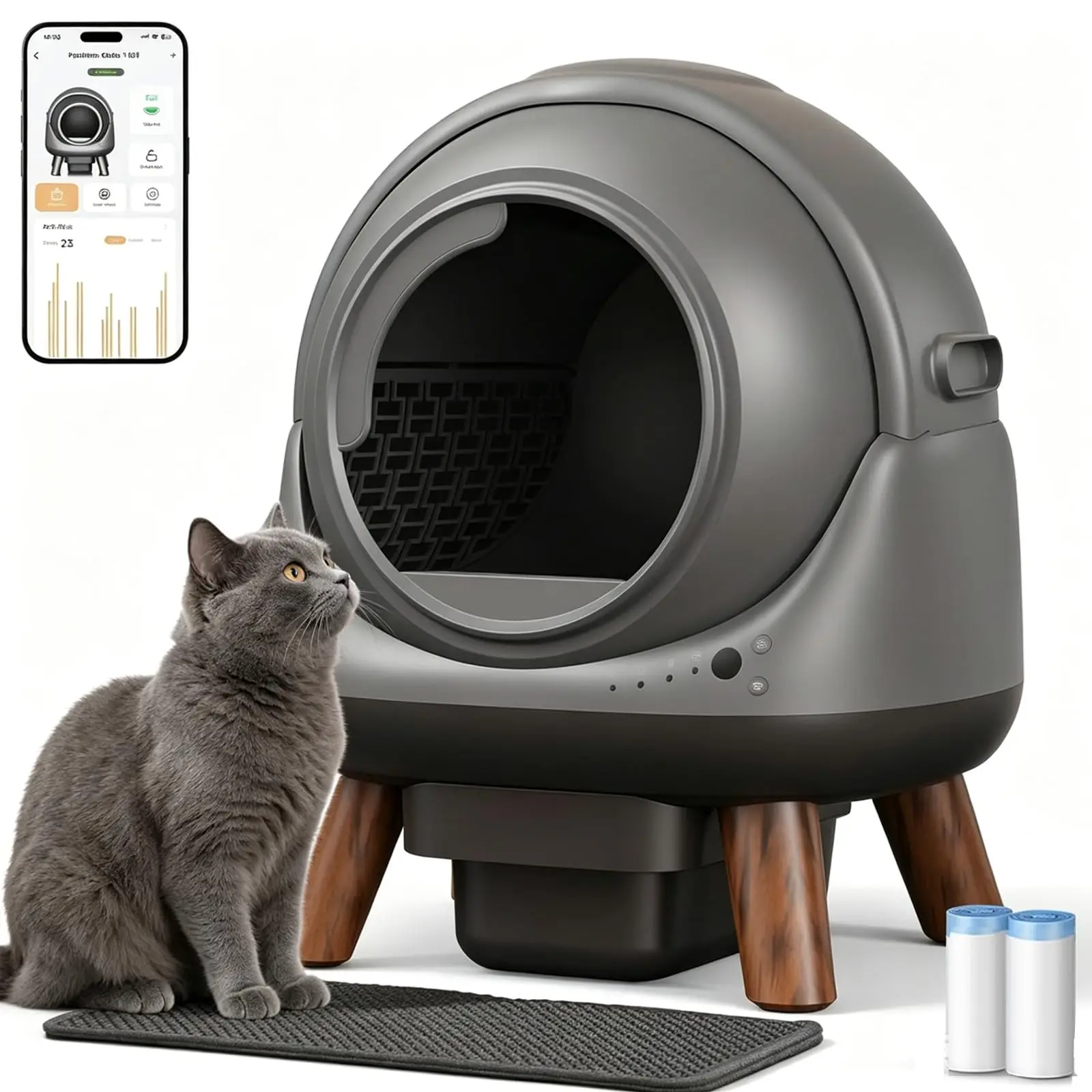 Self Cleaning Litter Box, 8 Safety Sensors, App Control, Gray