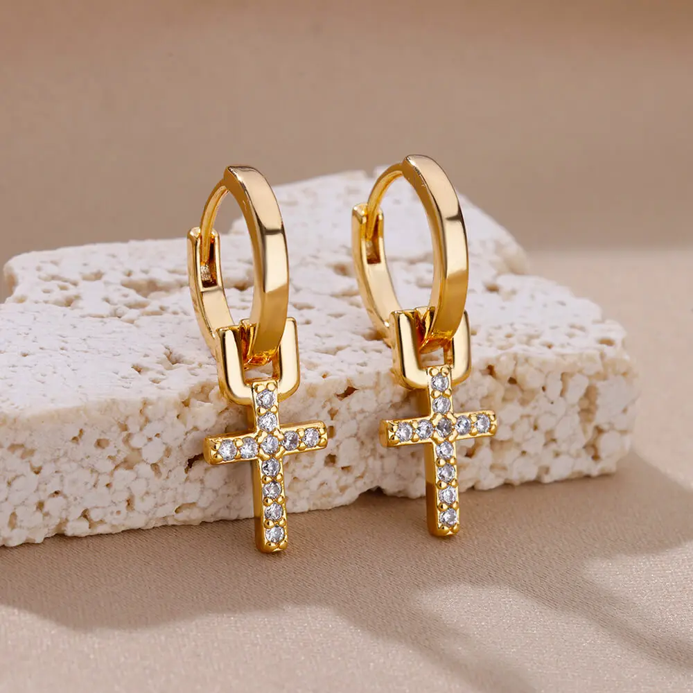 Pendientes de acero inoxidable para mujer, aretes en cruz de Color dorado, Piercing de tendencia, joyería de regalo de Navidad, 2023