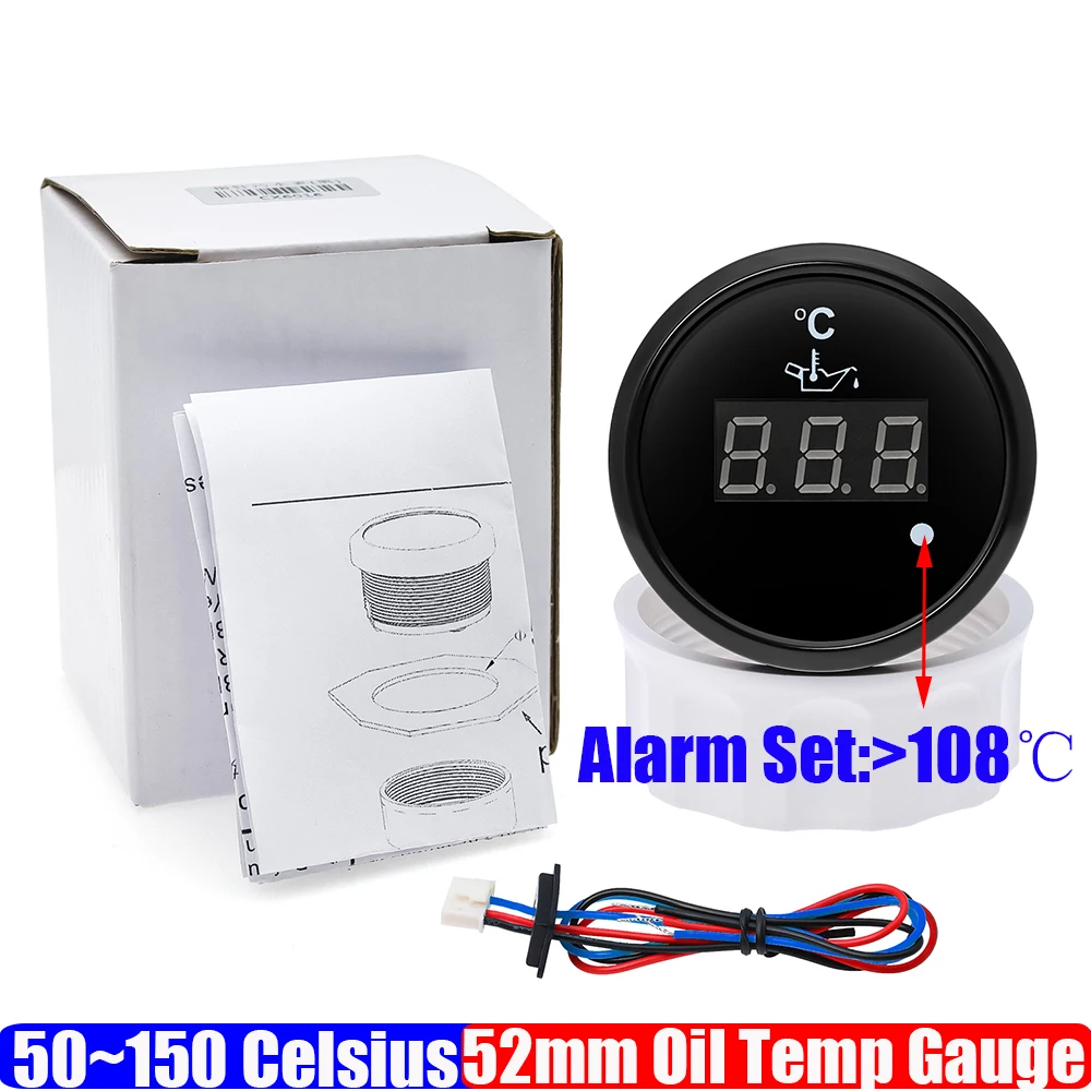 Digitale 52Mm Olietemperatuurmeter Met Flitsalarm 50-150 ℃ Olie Temp Meter Sensor Voor Auto Jachthaven Boot 12V 24V Aangepast