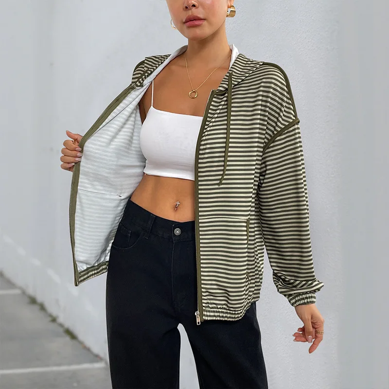 2025 New Autumn Commuting Date Lazy Hooded Striped Women's Casual Jacket