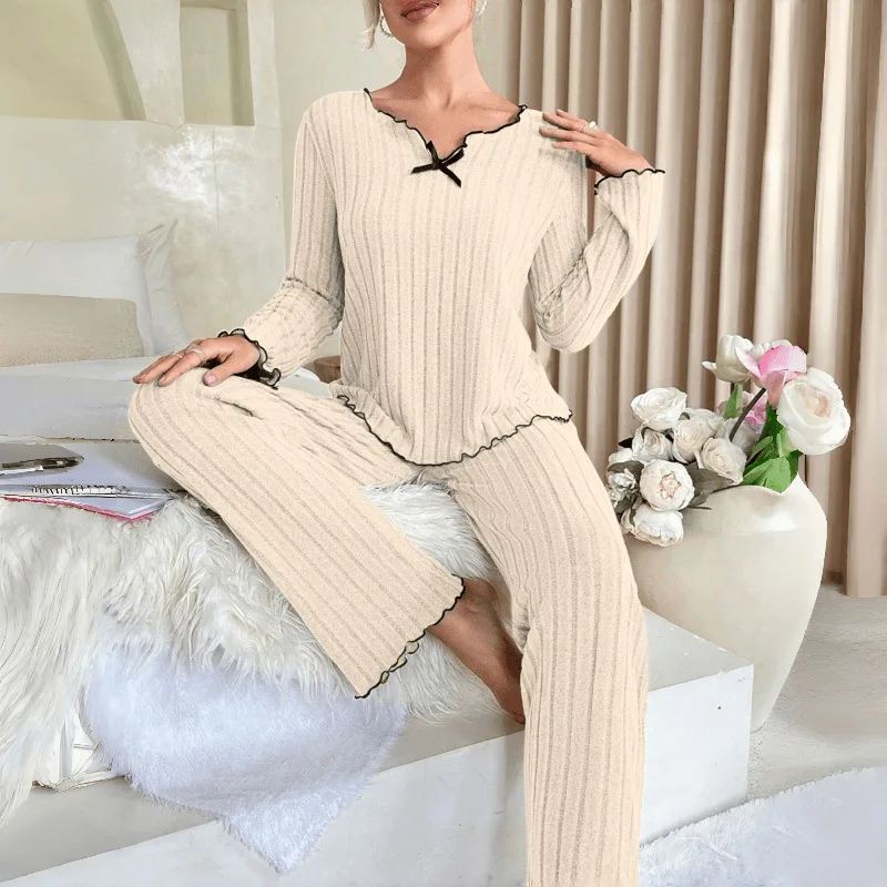 Color Blocked Pajama Set V-Neck Long Sleeved Top Straight Leg Pants Black Ruffled Edges Casual Soft Women's Home Suit Set
