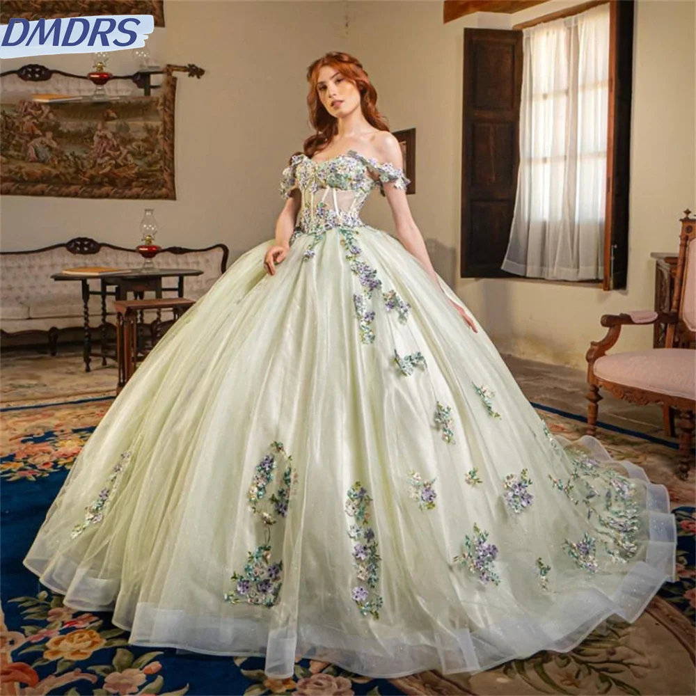 Green Shiny Quinceanera Dress Off The Shoulder Party Prom Dress Ball Gown Flower Lace Beads Girl Sweet 16 Party Gown Vestidos