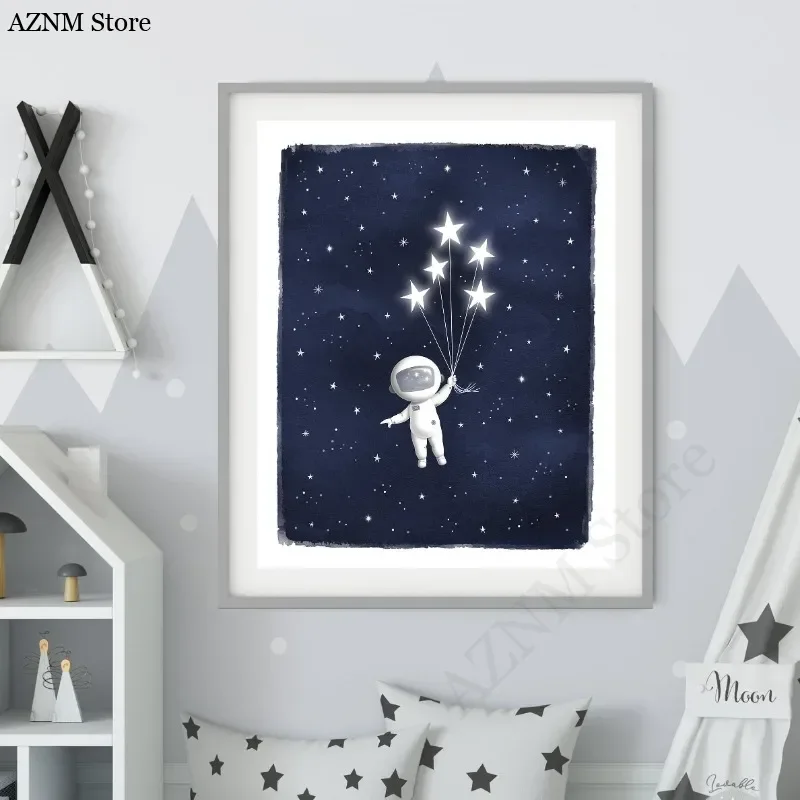 Cartoon Astronaut Space Themed Moon and Stars Poster Navy Blue Starry Night Wall Outer Space Canvas Painting Kids Nursery Decor