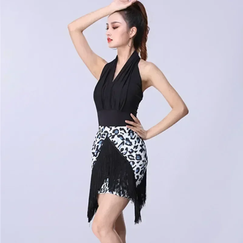 

Adult Women Latin Dance Tassel skirt Tight A-line black white Leopard Print Skirt Sleeveless Halter Top Dancewear for girls