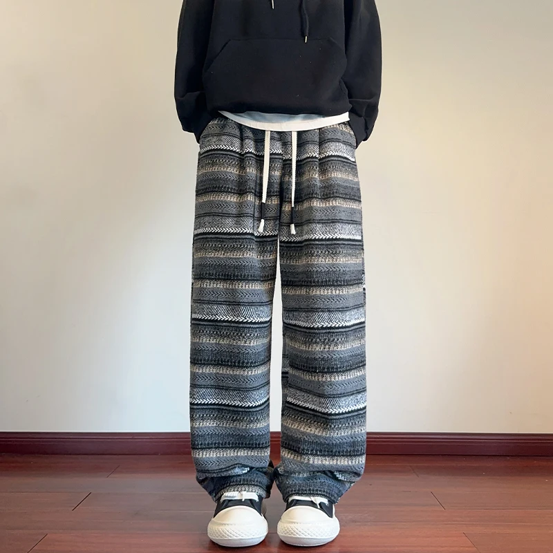 Autumn Woolen Pants Men Fashion Retro Stripe Pants Men Streetwear Hip-hop Loose Wide Leg Pants Mens Vintage Trousers Large Size