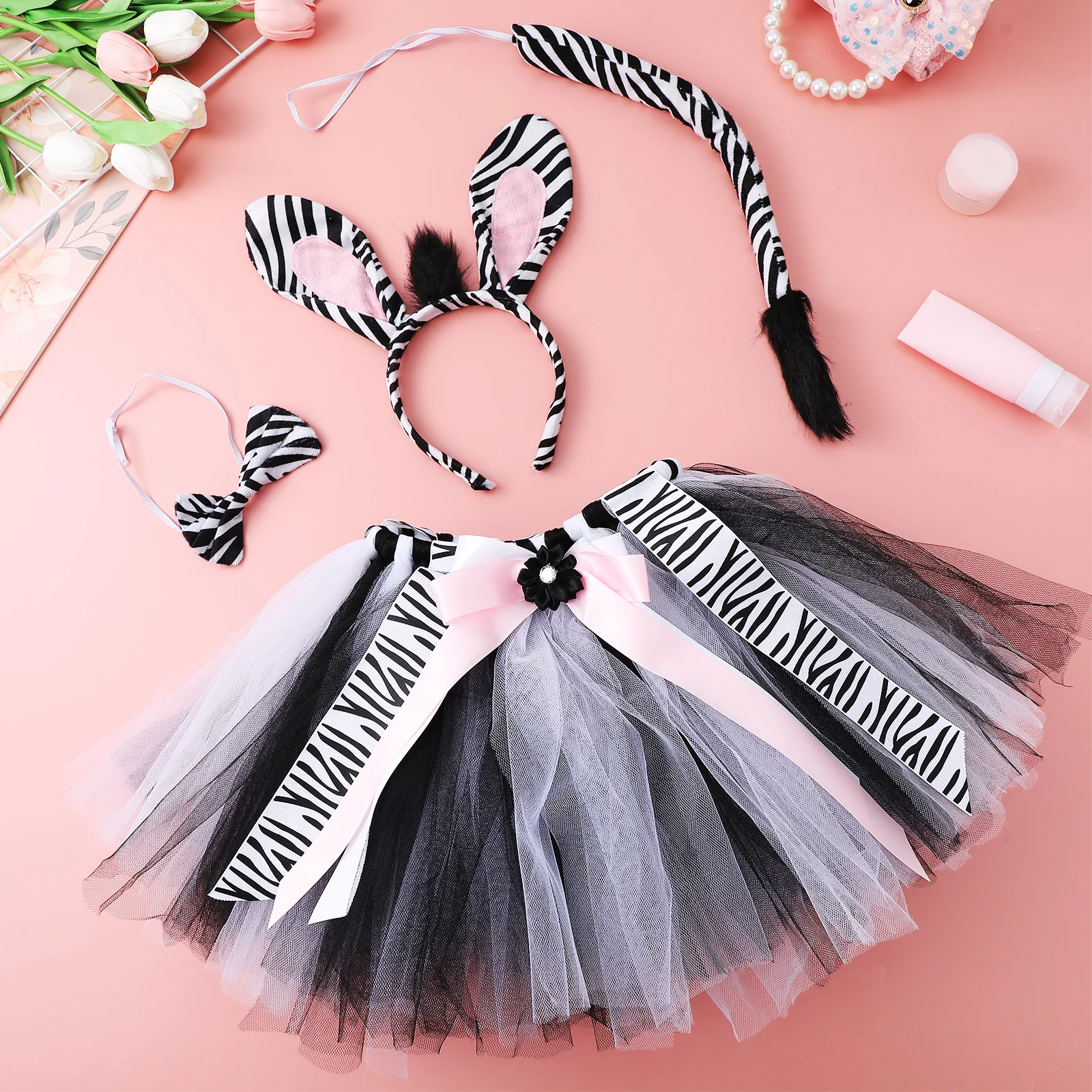 

Zebra Costume Tutu Skirt Set Kids Animal Costume Ears Headband Bow Tie Tail Girls Jungle Themed Party DIY Decor