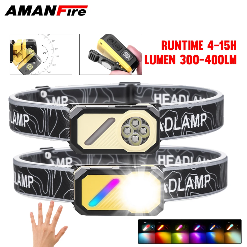 Amanfire T155 Induction Headlight LED+RGB Multi functional Rechargeable 180 ° Adjustable Magnetic Portable Strong Head Light