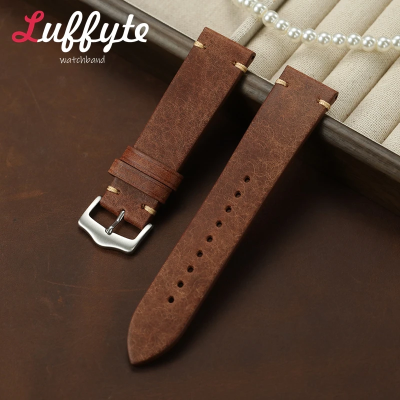 Vintage Style Frosted Leather Watch Strap 20mm 22mm Wristband Belt Handmade Genuine Leather Watchband Black Blue Brown Wristband