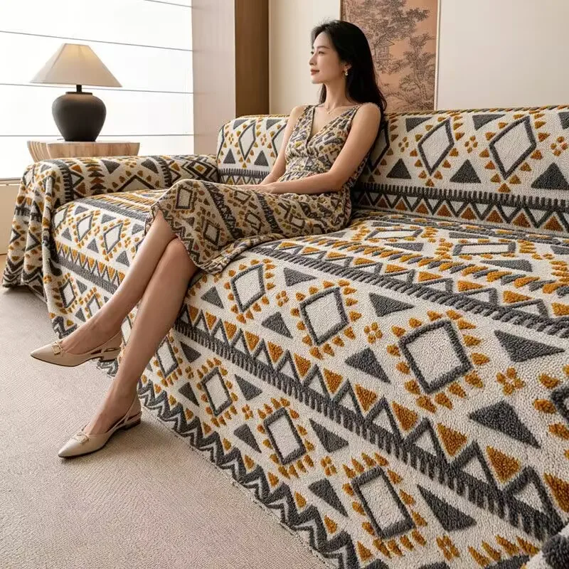 Machine Washable Coral Fleece Sofa Cover Triangle Yarn-Dyed Full Coverage Dustproof Seat Slipcover Couch Sectional Sofa Blanket