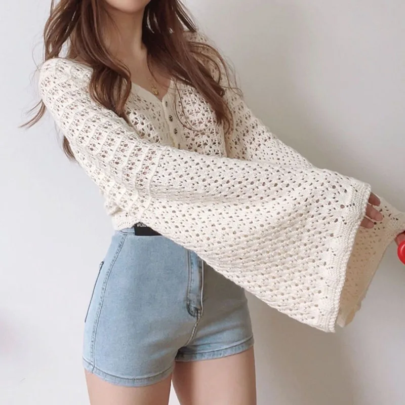 Knitted Cardigans Sweater Women Hollow Out Flare Sleeve Baggy Cropped Tops Streetwear Korean Fashion Sexy Outerwear