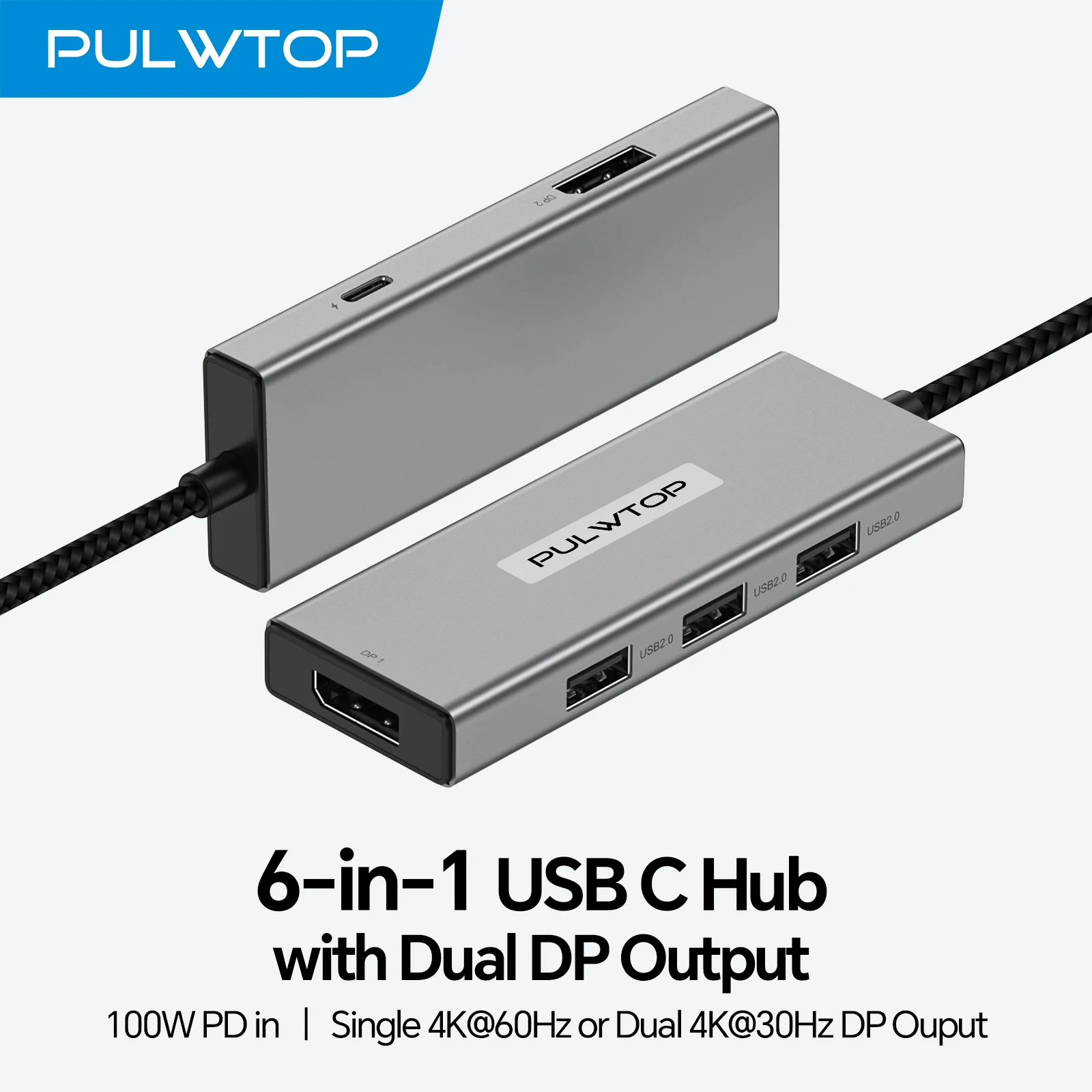

PULWTOP USB C Hub Dual Monitor Adapter ,USB C Docking Station Dual DisplayPort with 2 DP, 3 USB 2.0, PD 100W, For MacBook/Dell