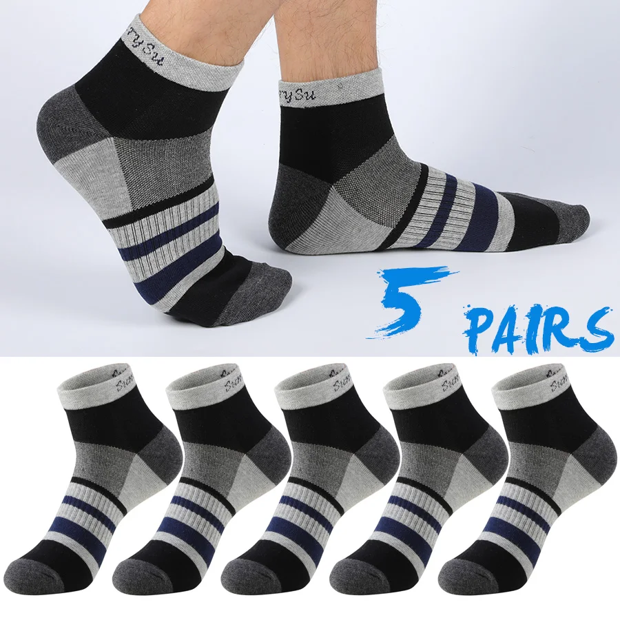 5 Pairs/Lot Running Socks Men Ankle Colorful Stripes Combed Cotton Outdoor Gym Compression Short Male Socks 5 Colors New 2024