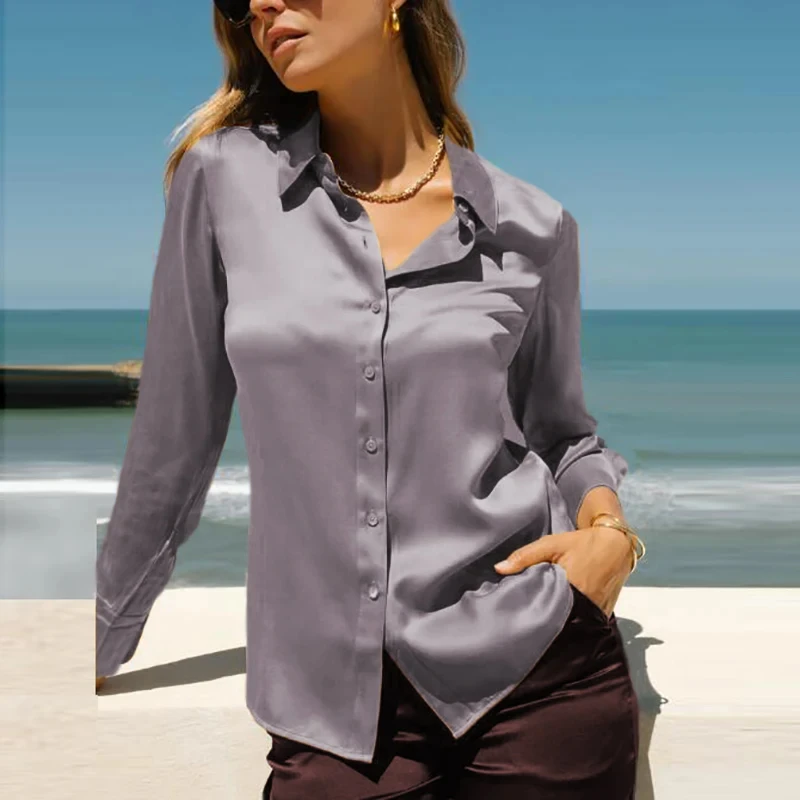 Elegante preto branco camisa feminina primavera outono manga longa blusas de cetim de seda para mulheres moda turn down collar botão camisa