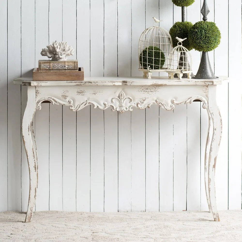 

46'' White Console Table Sofa Table for Entryway Living Room Bedroom Hallway, Retro Farmhouse French Countryside Style