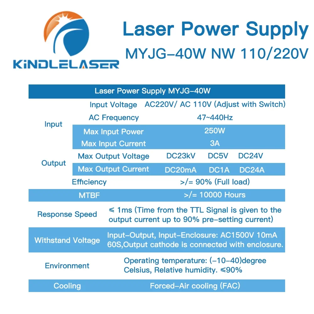 KINDLELASER 40W CO2 Laser Alimentation MYJG-40W Marin110 V/220V pour Laser Tube Gravure Machine De Découpe