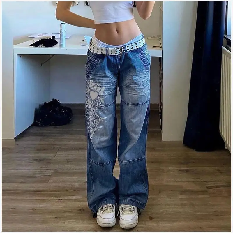 

Street Sle Irregular Printed Straight Leg Jeans mid Waist Long Trousers for Treetters Autumn Crossing Border Faion