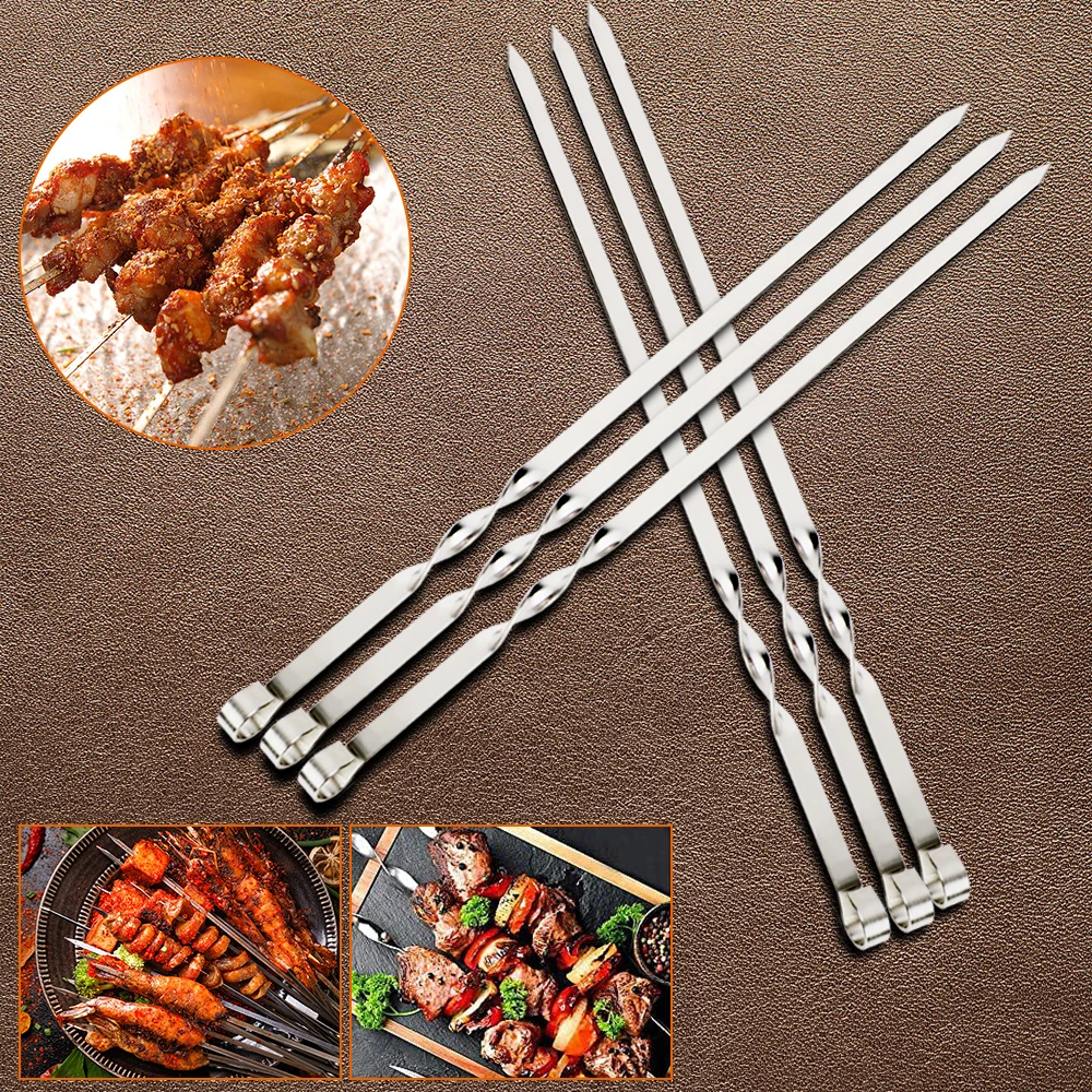 Stainless Steel Barbecue Skewer Flat BBQ Fork Wide BBQ Sticks Reusable Grill Sticks BBQ Utensil 6Pcs Outdoor Camping Picnic