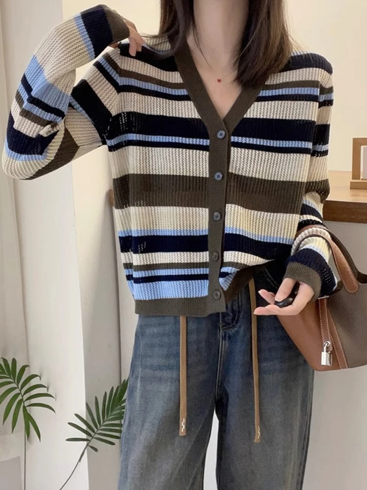 

Loose Long Sve V-Ne Knitted Open Cardigan Women's Faion Slimming Sweater Early Autumn Casual Straight Cut Button up Top