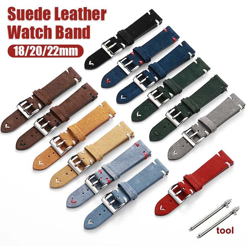 Quick Release Suede Leather Watch Band 18mm 20mm 22mm for Omega for Seiko Nubuck Strap Soft Vintage Wristband Stitching Bracelet