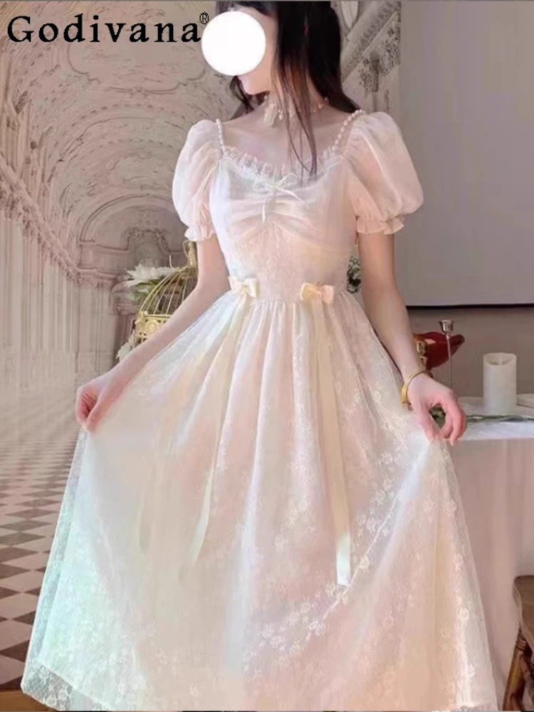 

Summer Plus Size French Fairy Sweet Bow Puff Sleeve Long Dress Fashion Age Reduction Pearl High Waist A-lien Princess Dresses