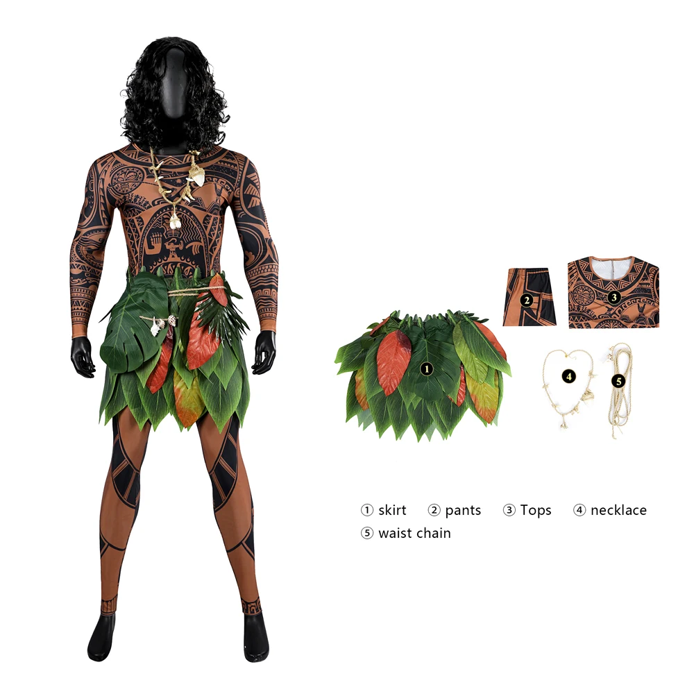 Zentai Movie Moana 2 Māui Highly Restored Tattoo Pattern Printed Jumpsuit Accessories Cosplay Costume Halloween Carnival