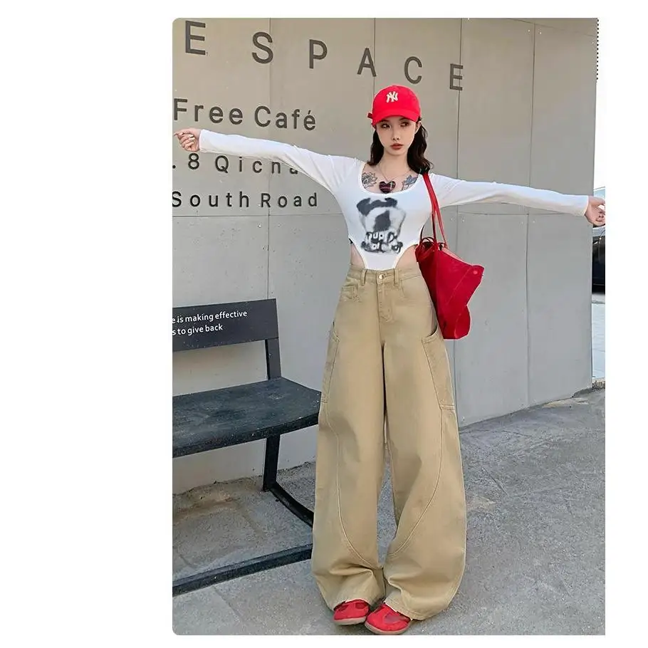 

Khaki Casual Wide Leg Denim Jeans Women's Loose Fit with Big kets Autumn Faion Slimming Trousers Low Waist Spring Cotton...