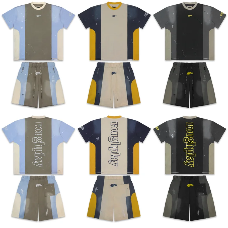 Multi Color Block Rough Play Men 2 Piece Outfit Washed Distressed Splash Print T-shirts Elastic Waist Drawstring Shorts Sets