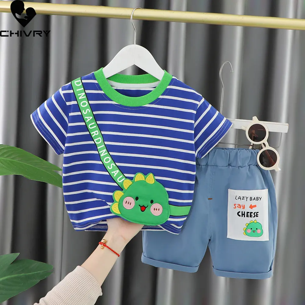 Neue Baby Jungen Mädchen Sommer Kurzarm O-ansatz Nette Cartoon Tier Gestreiften T-shirt Tops mit Denim Shorts Kleinkind Kleidung Sets