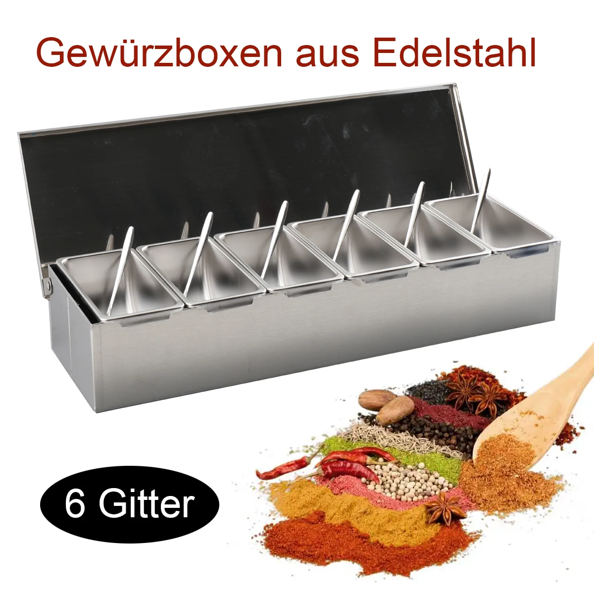 6-teilige Zutatenbox aus Edelstahl für Salz, Zucker, Käse, Soße, Gewürzbox, Pizza, Werkzeug, Snack-Aufbewahrungsbox – Detail 2